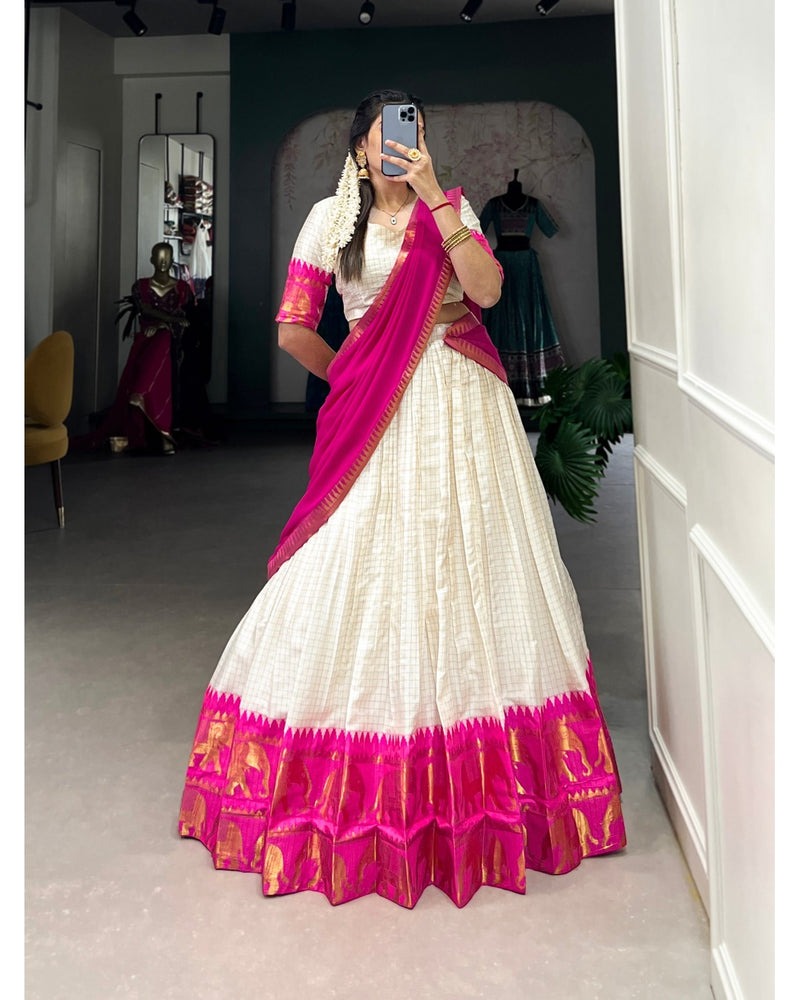 PINK COLOR CHEX WITH ZARI WEAVING WORK POLY COTTON LEHENGA CHOLI