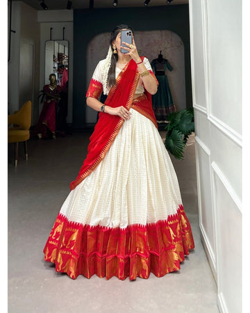 RED COLOR CHEX WITH ZARI WEAVING WORK POLY COTTON HALF SAREE LEHENGA CHOLI