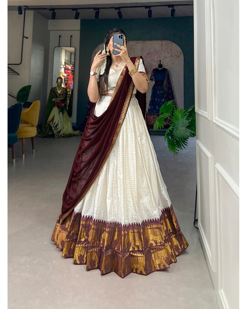 WHITE COLOR CHEX WITH ZARI WEAVING WORK POLY COTTON WEDDING LEHENGA CHOLI