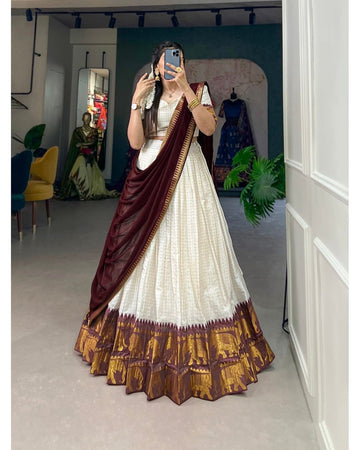 WHITE COLOR CHEX WITH ZARI WEAVING WORK POLY COTTON WEDDING LEHENGA CHOLI