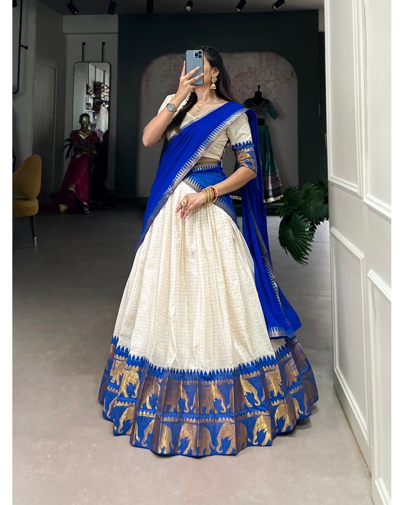 ROYAL BLUE COLOR CHEX WITH ZARI WEAVING WORK POLY COTTON PATTU LEHENGA CHOLI