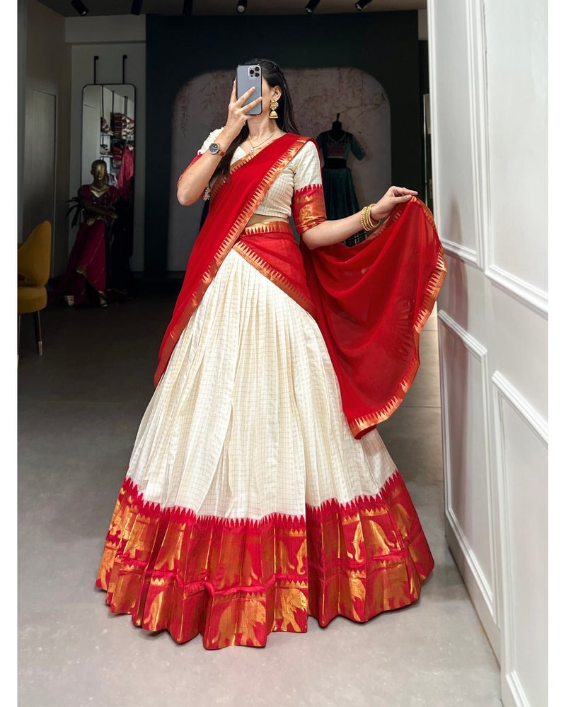 RED COLOR CHEX WITH ZARI WEAVING WORK POLY COTTON HALF SAREE LEHENGA CHOLI