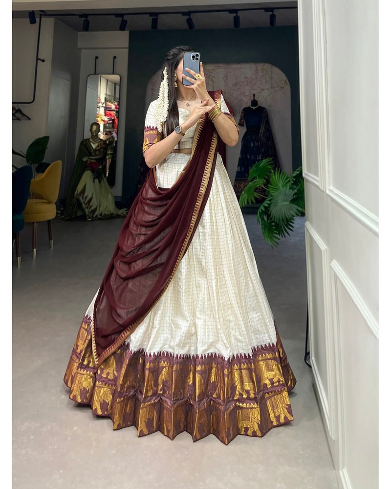 WHITE COLOR CHEX WITH ZARI WEAVING WORK POLY COTTON WEDDING LEHENGA CHOLI