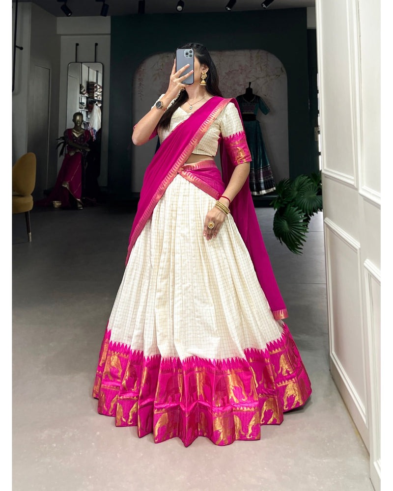 PINK COLOR CHEX WITH ZARI WEAVING WORK POLY COTTON LEHENGA CHOLI