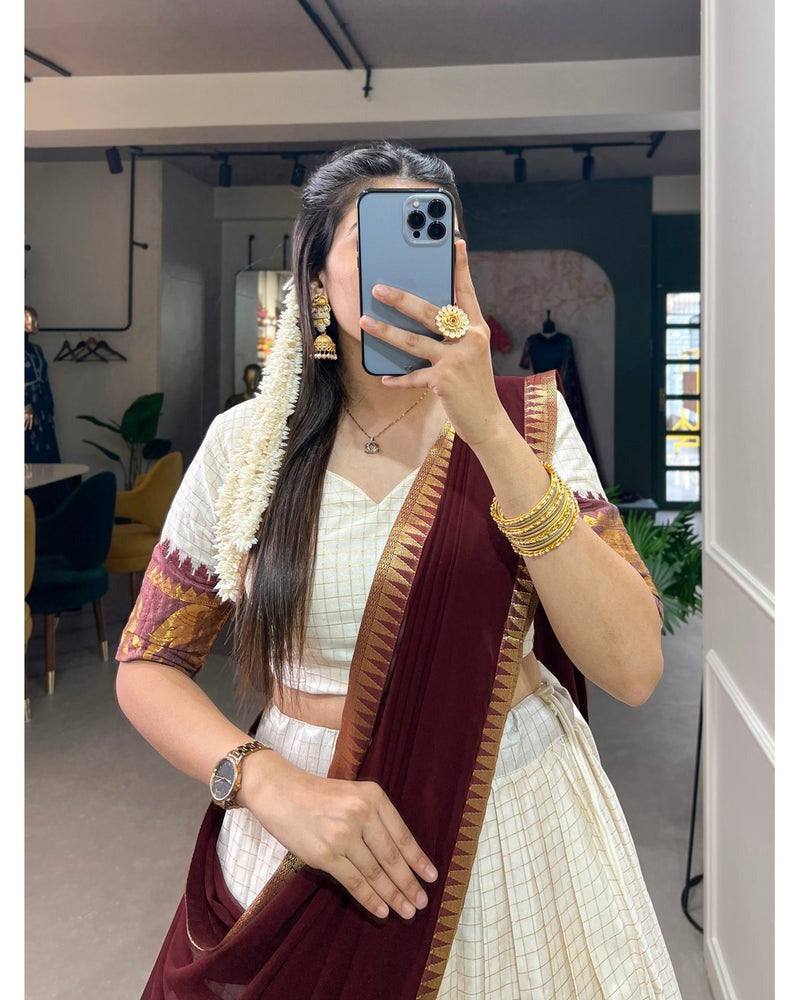 WHITE COLOR CHEX WITH ZARI WEAVING WORK POLY COTTON WEDDING LEHENGA CHOLI