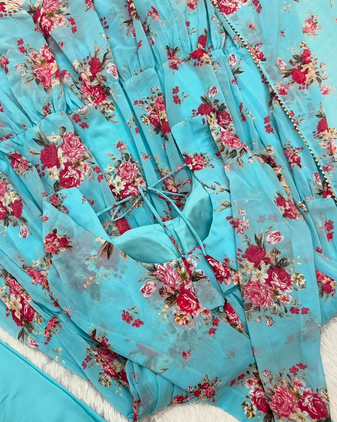 SKY BLUE FLORAL 3-LAYER GEORGETTE GOWN WITH DUPATTA