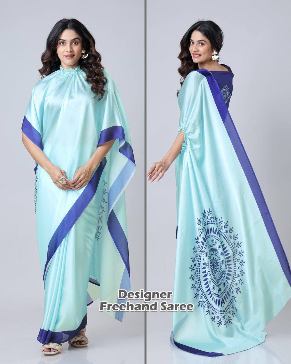 LIGHT BLUE MANDALAA PRINT CONTRAST BORDER FREEHAND SAREE