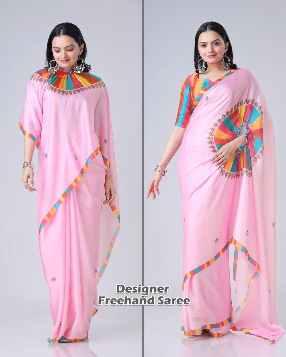 PINK ETHNIC CONTRAST BORDER FREEHAND SAREE