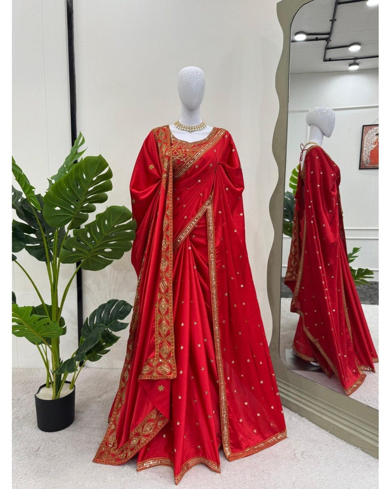 RED COLOR DESIGNER JAPAN SATIN SILK BASE EMBROIDERY SEQUENCE WORK SAREE WITH DUPATTA
