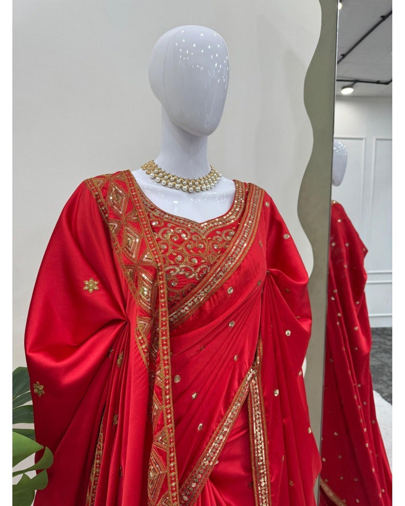 RED COLOR DESIGNER JAPAN SATIN SILK BASE EMBROIDERY SEQUENCE WORK SAREE WITH DUPATTA
