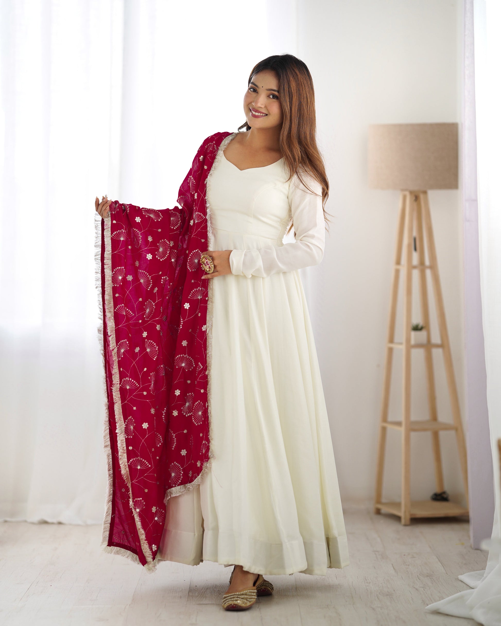 WHITE VICHITRA SILK ANARKALI SUIT WITH RANI PINK HEAVY DUPATTA