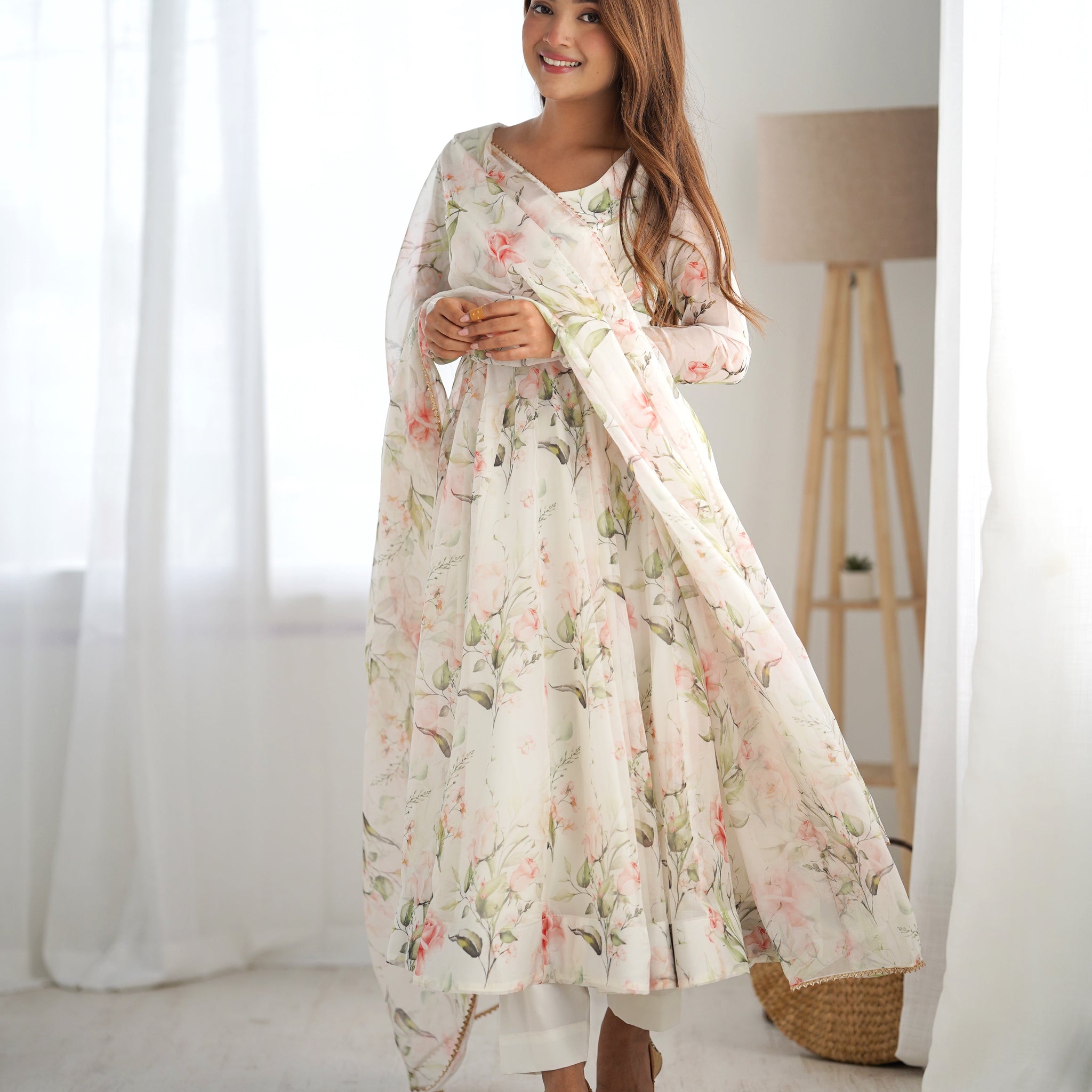 WHITE COLOR PURE SOFT ORGANZA ANARKALI SUIT SET OF 3