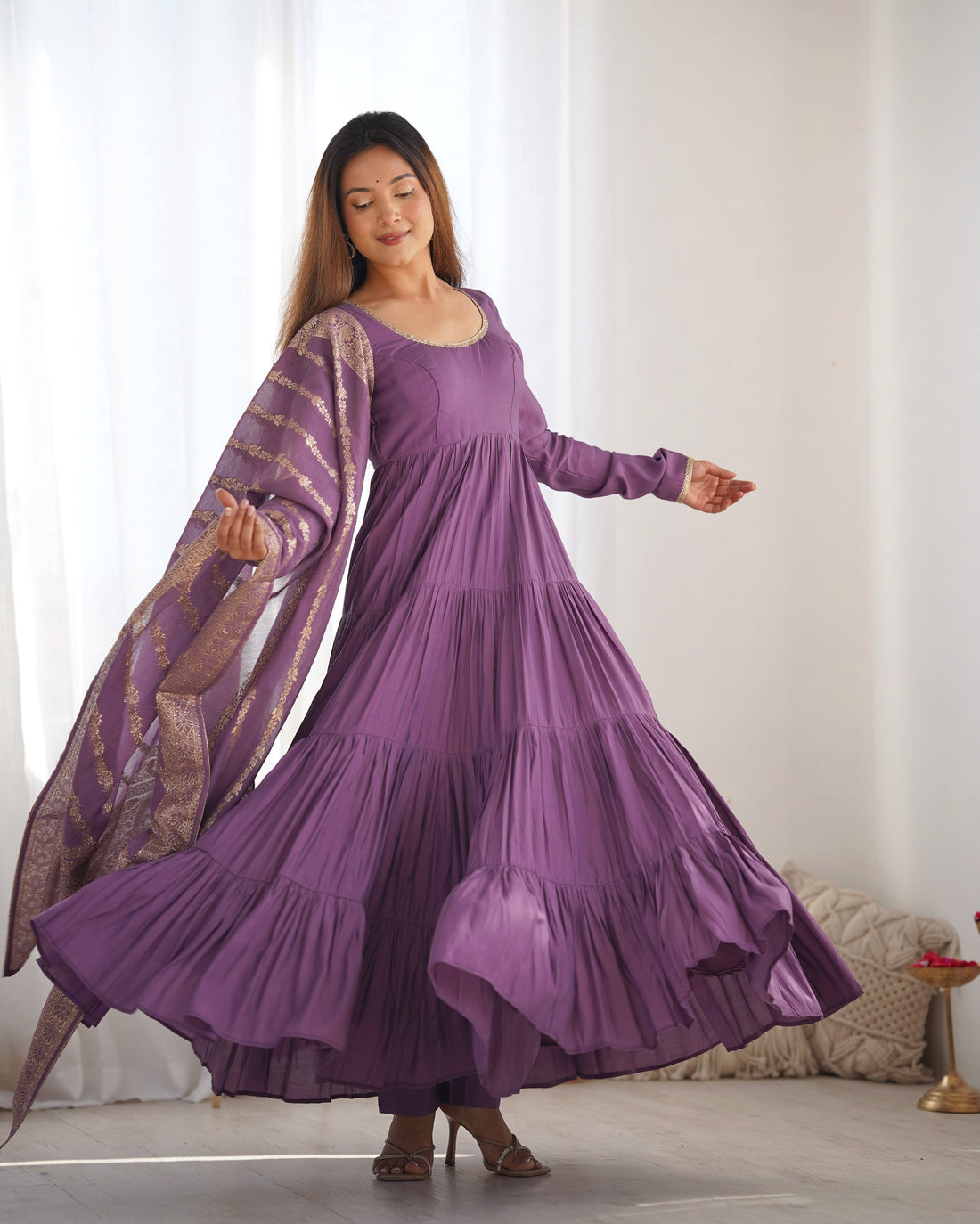 LAVENDER HEAVY ROMAN SILK CHANDERI ANARKALI SUIT SET