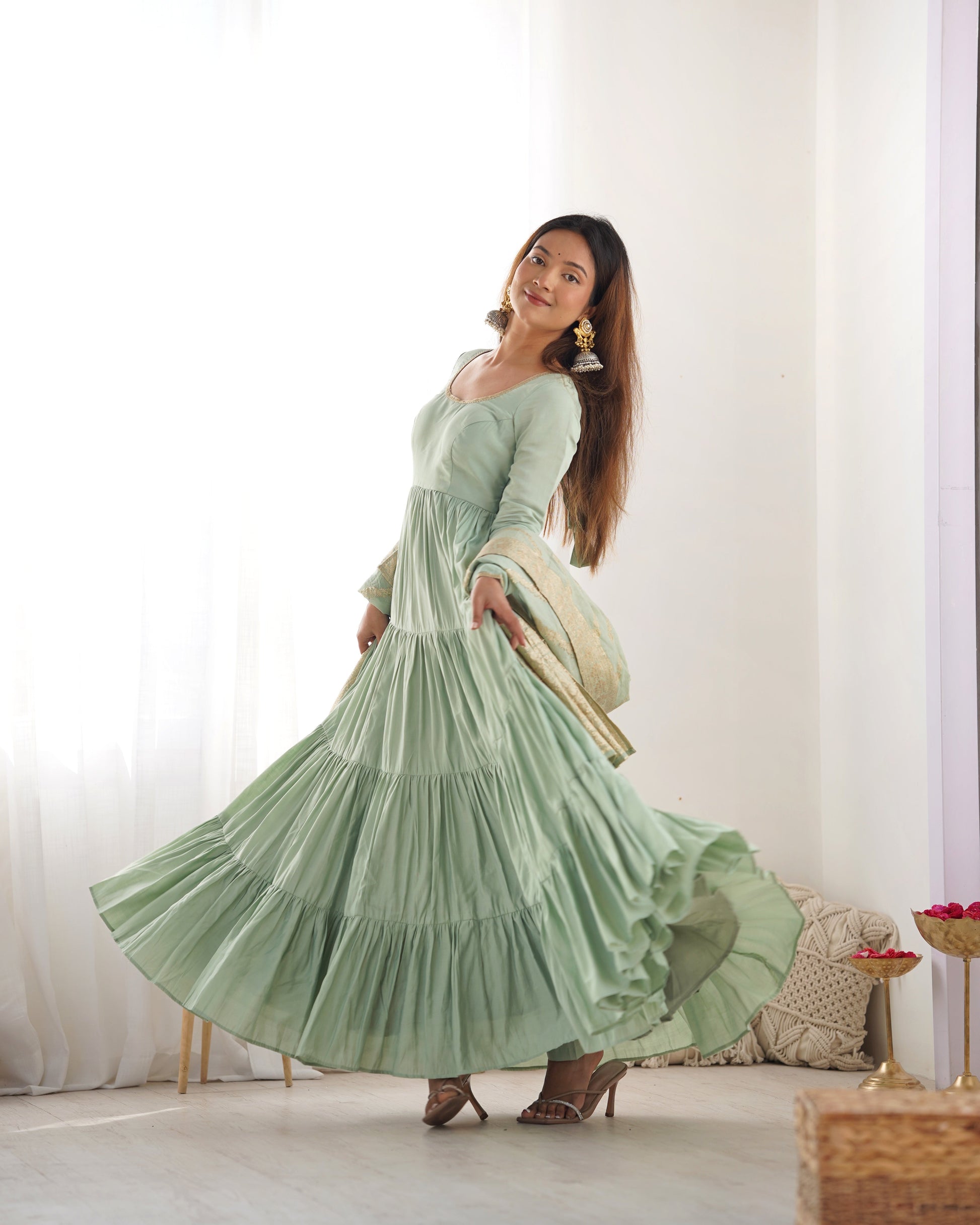 PISTACHIO GREEN ROMAN SILK FOUR-LAYER ANARKALI GOWN SET