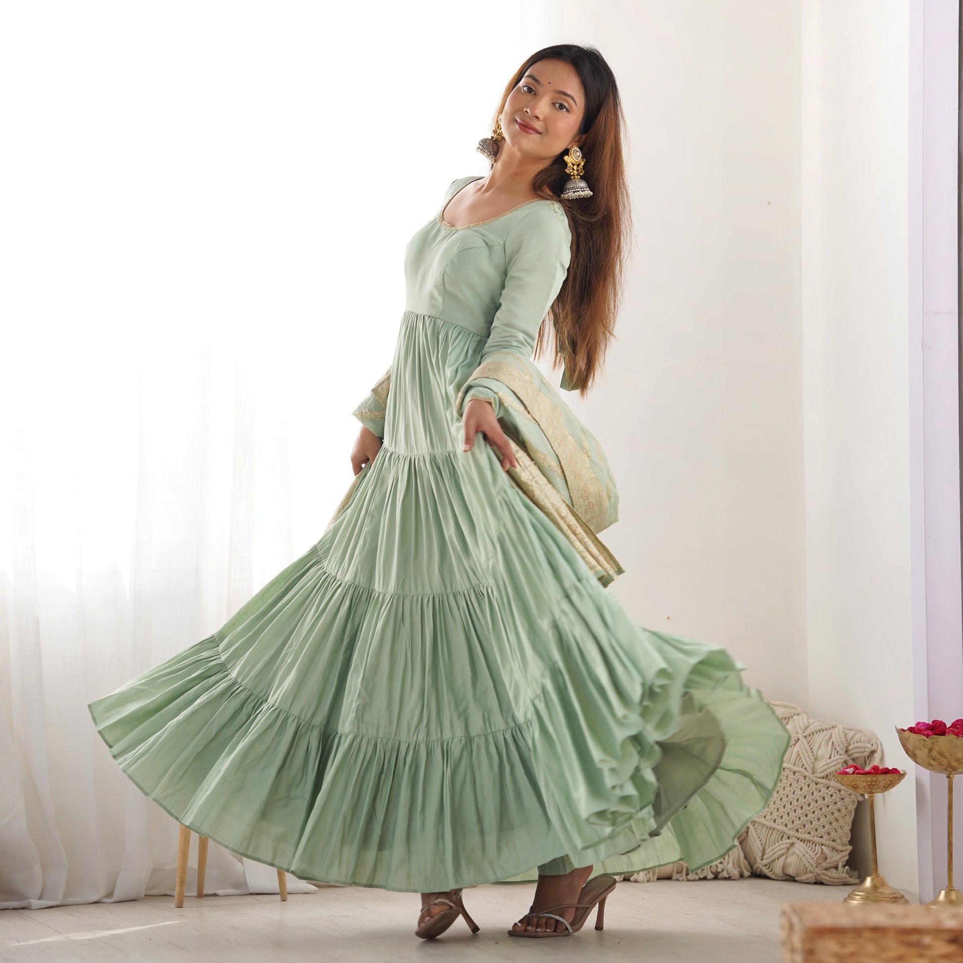 PISTACHIO GREEN ROMAN SILK FOUR-LAYER ANARKALI GOWN SET