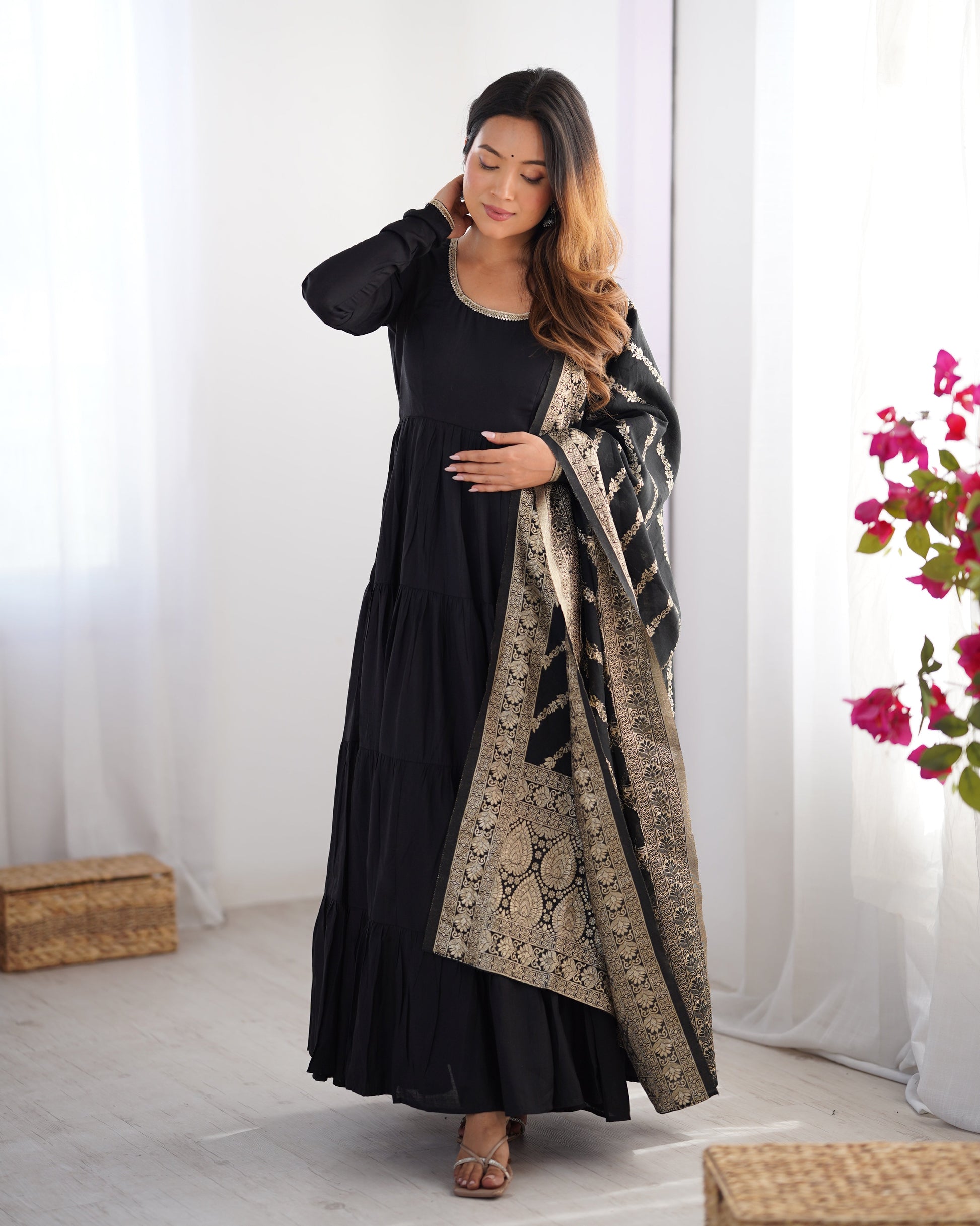 BLACK ROMAN SILK FOUR-LAYER ANARKALI GOWN SET