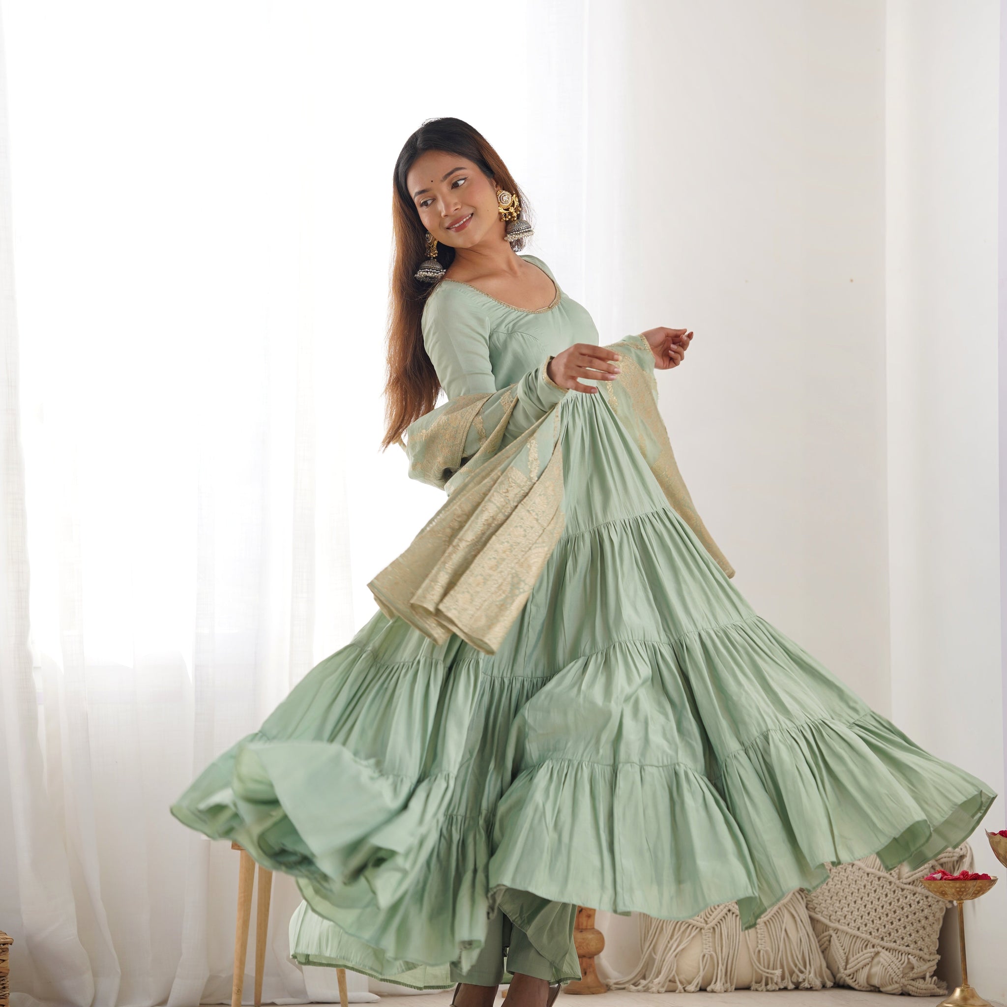 PISTACHIO GREEN ROMAN SILK FOUR-LAYER ANARKALI GOWN SET