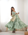 PISTACHIO GREEN ROMAN SILK FOUR-LAYER ANARKALI GOWN SET