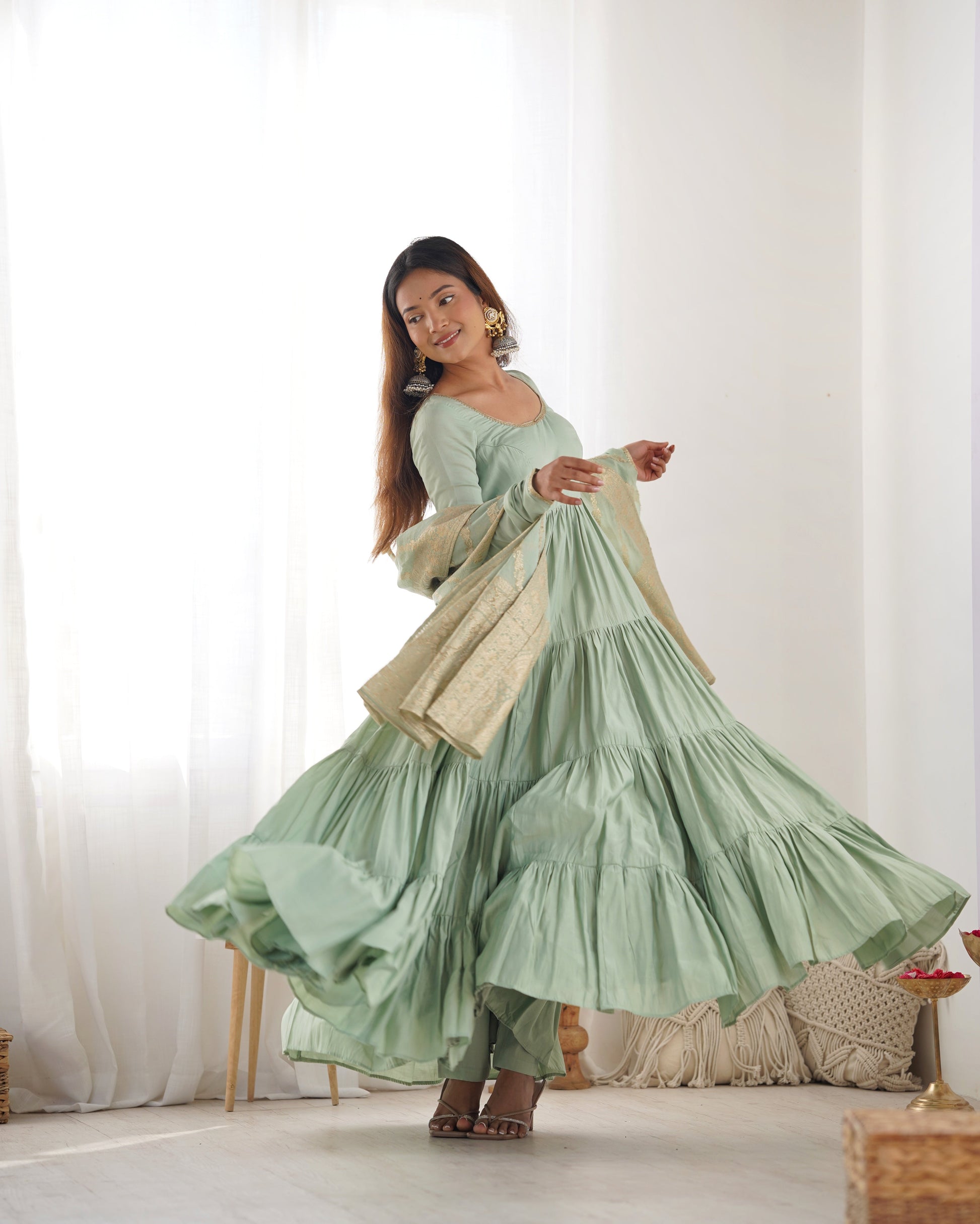 PISTACHIO GREEN ROMAN SILK FOUR-LAYER ANARKALI GOWN SET