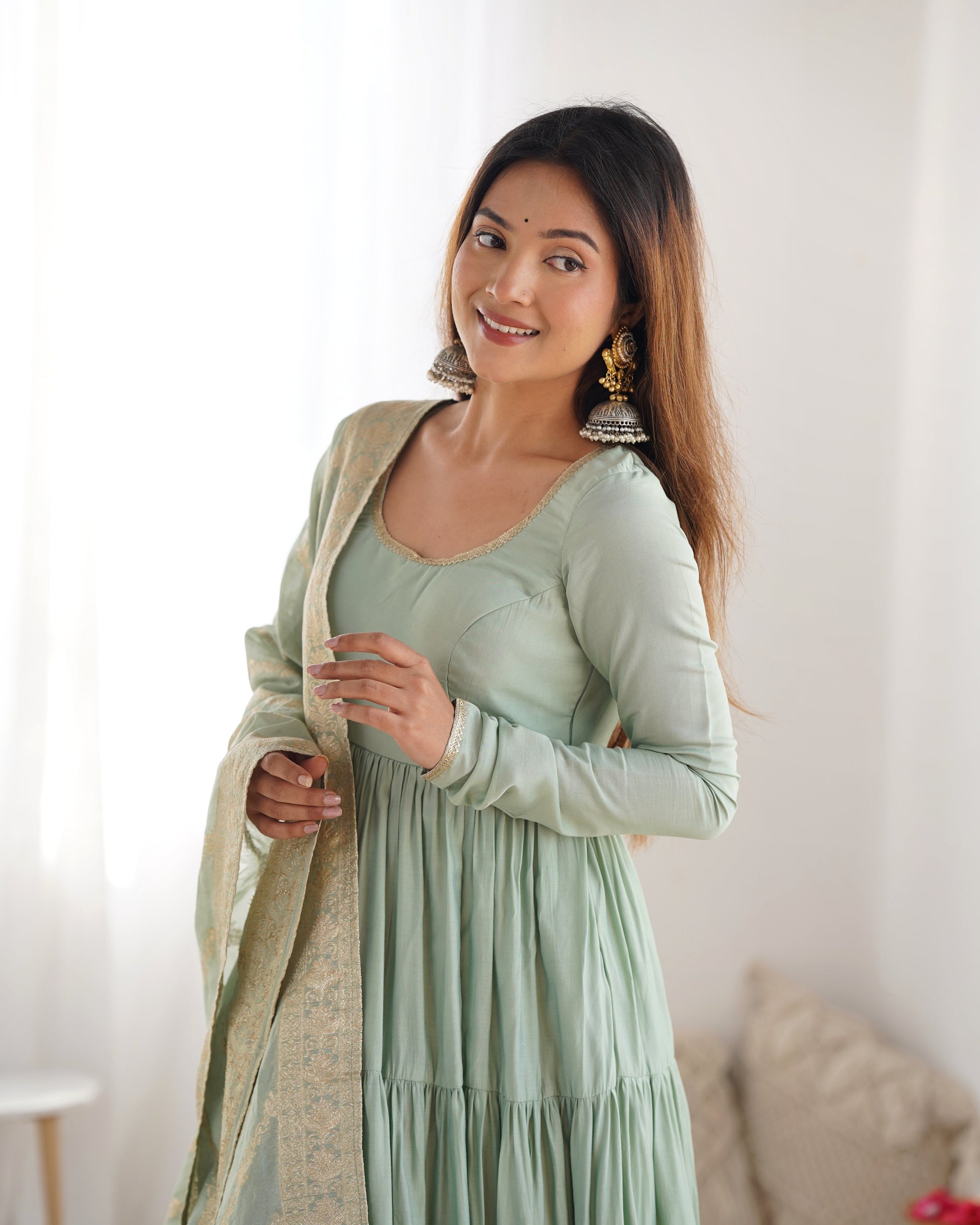 PISTACHIO GREEN ROMAN SILK FOUR-LAYER ANARKALI GOWN SET