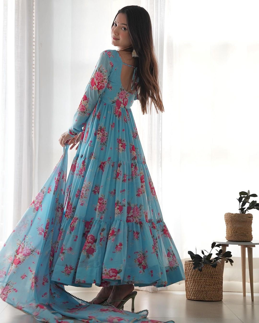 SKY BLUE FLORAL 3-LAYER GEORGETTE GOWN WITH DUPATTA