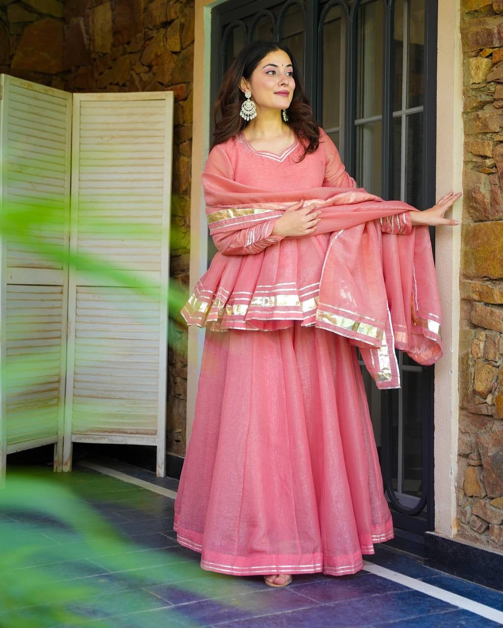 PINK COLOR TISSUE CRUSH FABRIC KURTA SUIT SET OF 3