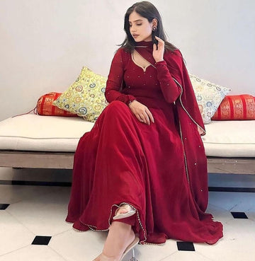 MAROON FAXU GEORGETTE BASE ANARKALI SUIT SET OF - 3