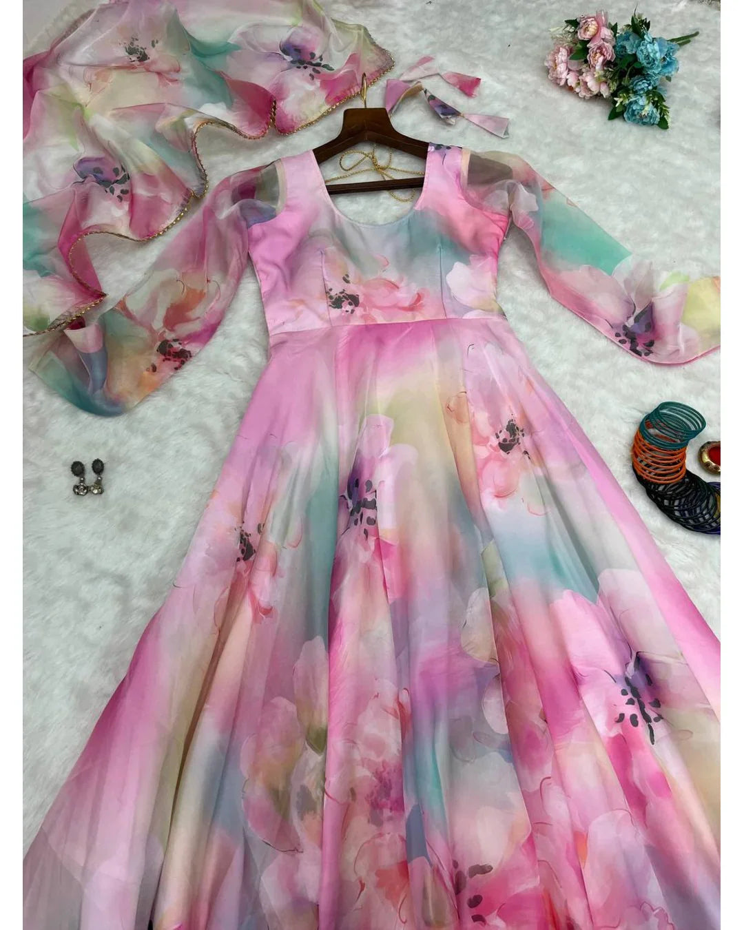 DESIGNER PINK COLOR ORGANZA SILK BASE DIGITAL PRINT WORK GOWN PANT WITH DUPATTA