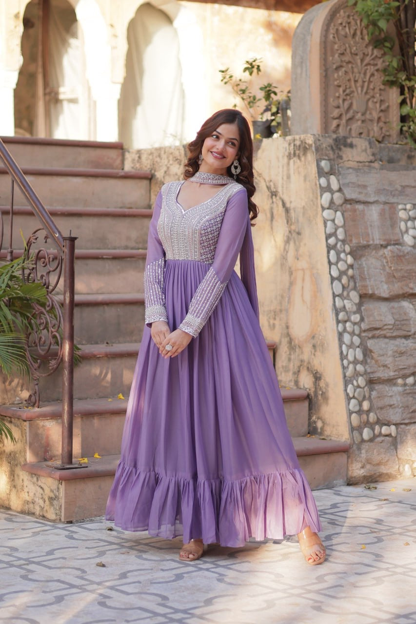 LAVENDER COLOR STAR GEORGETTE EMBROIDERED GOWN