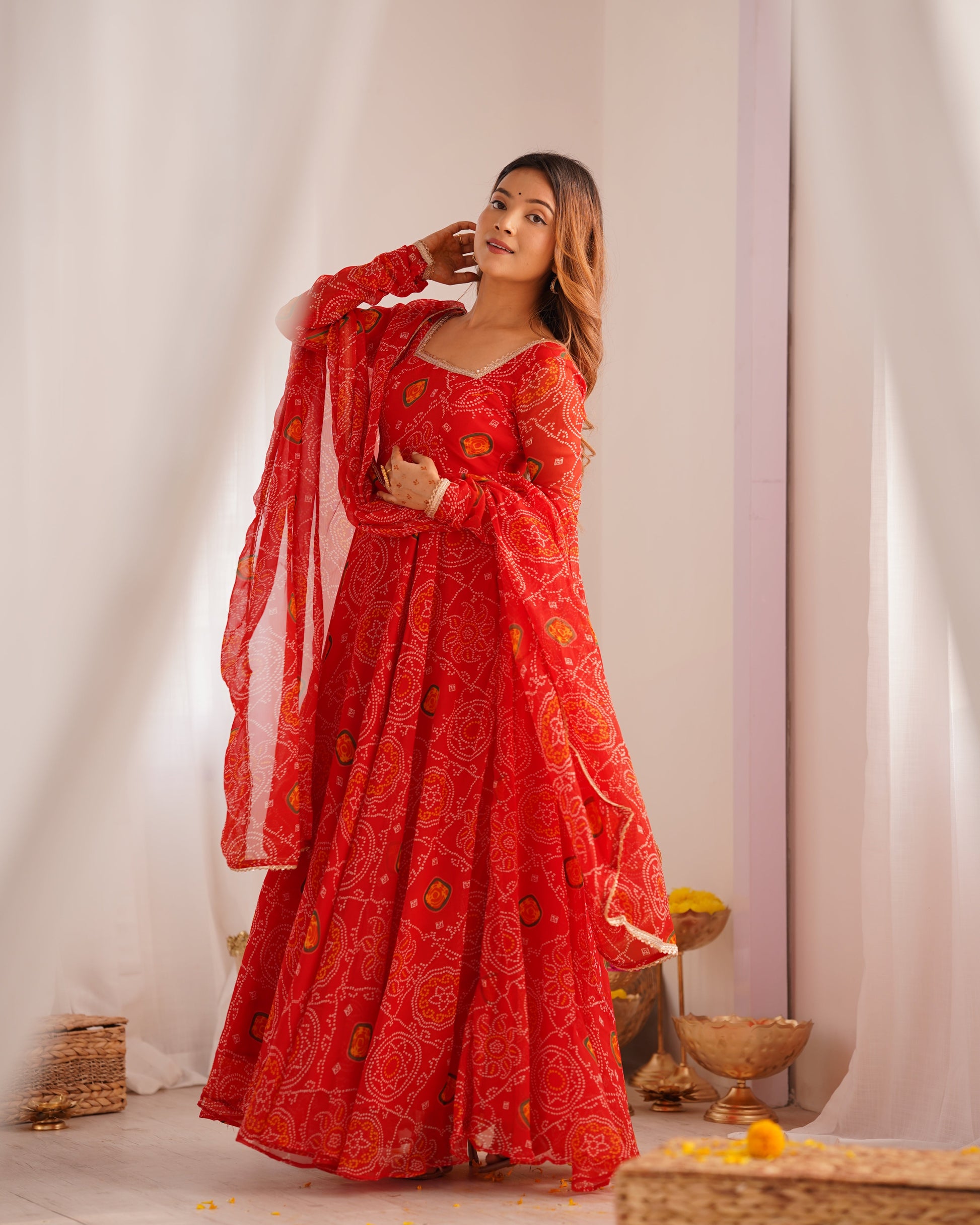 FLORAL RED COLOR BANDHANI PRINT SOFT CHIFFON THREE PIECE ANARKALI GOWN
