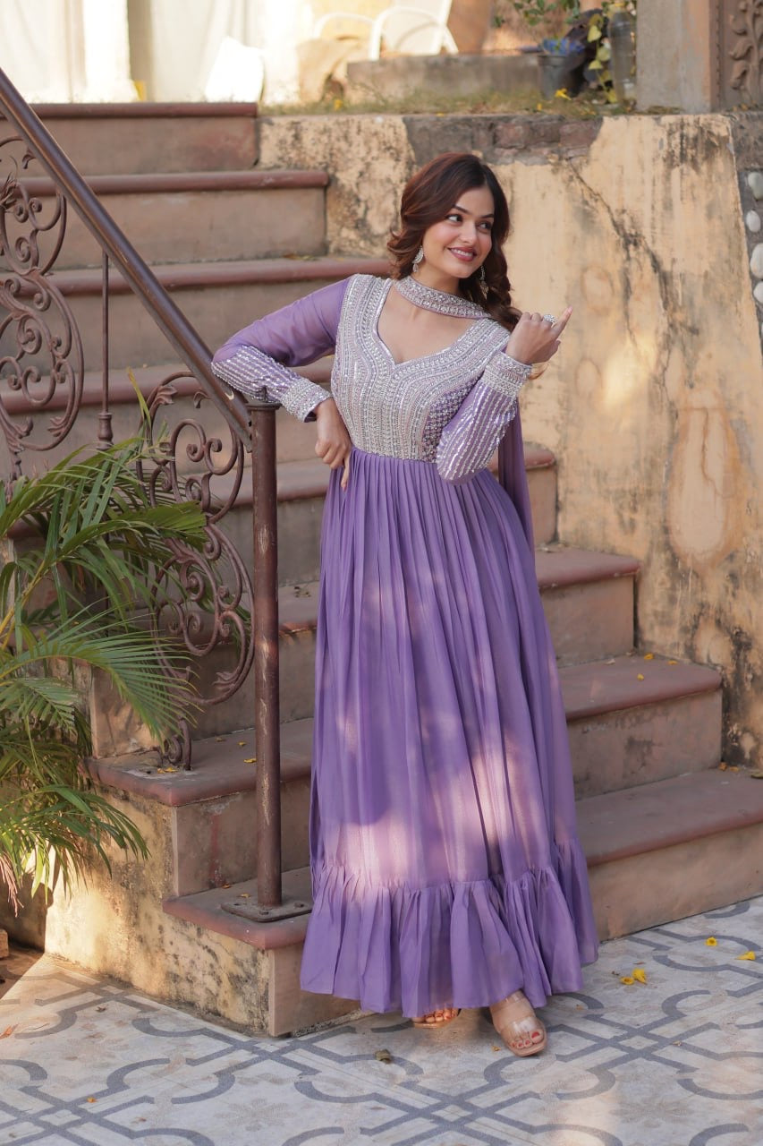 LAVENDER COLOR STAR GEORGETTE EMBROIDERED GOWN