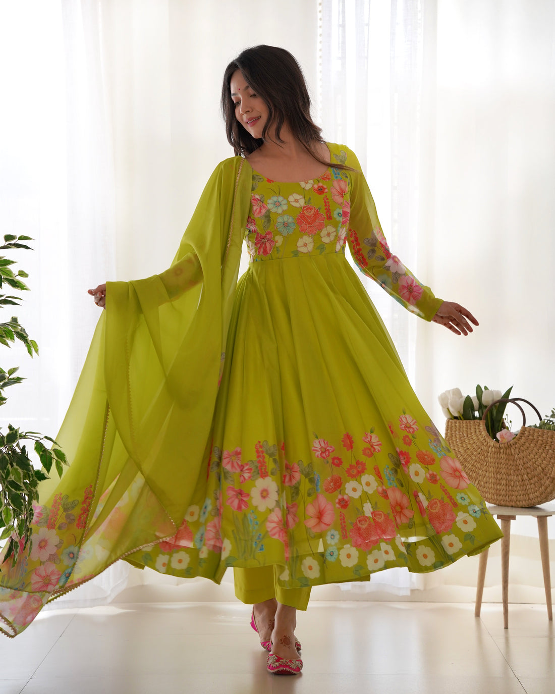 READY-TO-WEAR NEON YELLOW FLORAL ANARKALI WITH HANDWORK & DUPATTA