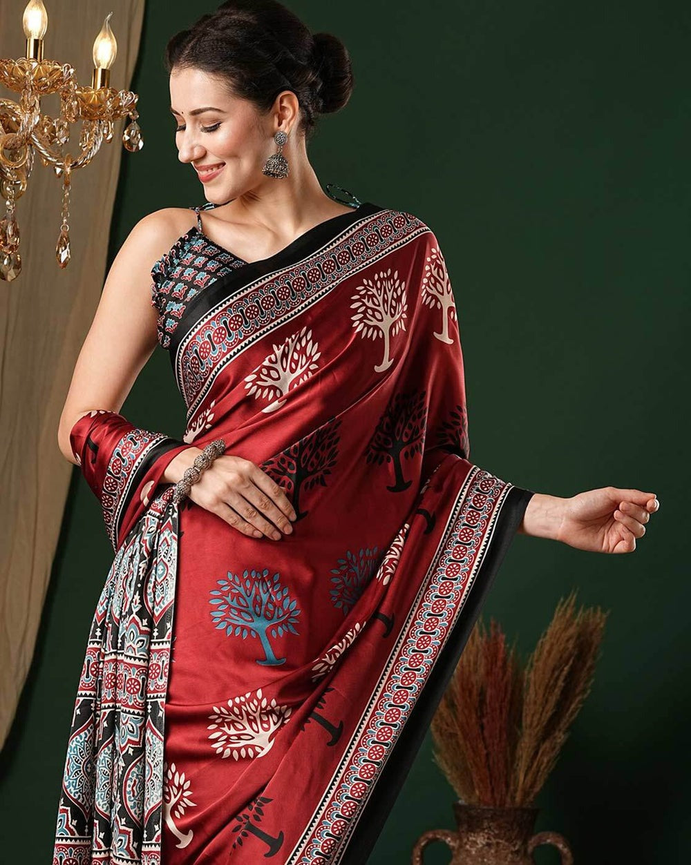 STYLISH RED PURE SILK WITH ETHNIC MOTIFS PRINTED ALL OVER READY TO WEAR GOWN SAREE