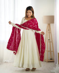 WHITE VICHITRA SILK ANARKALI SUIT WITH RANI PINK HEAVY DUPATTA