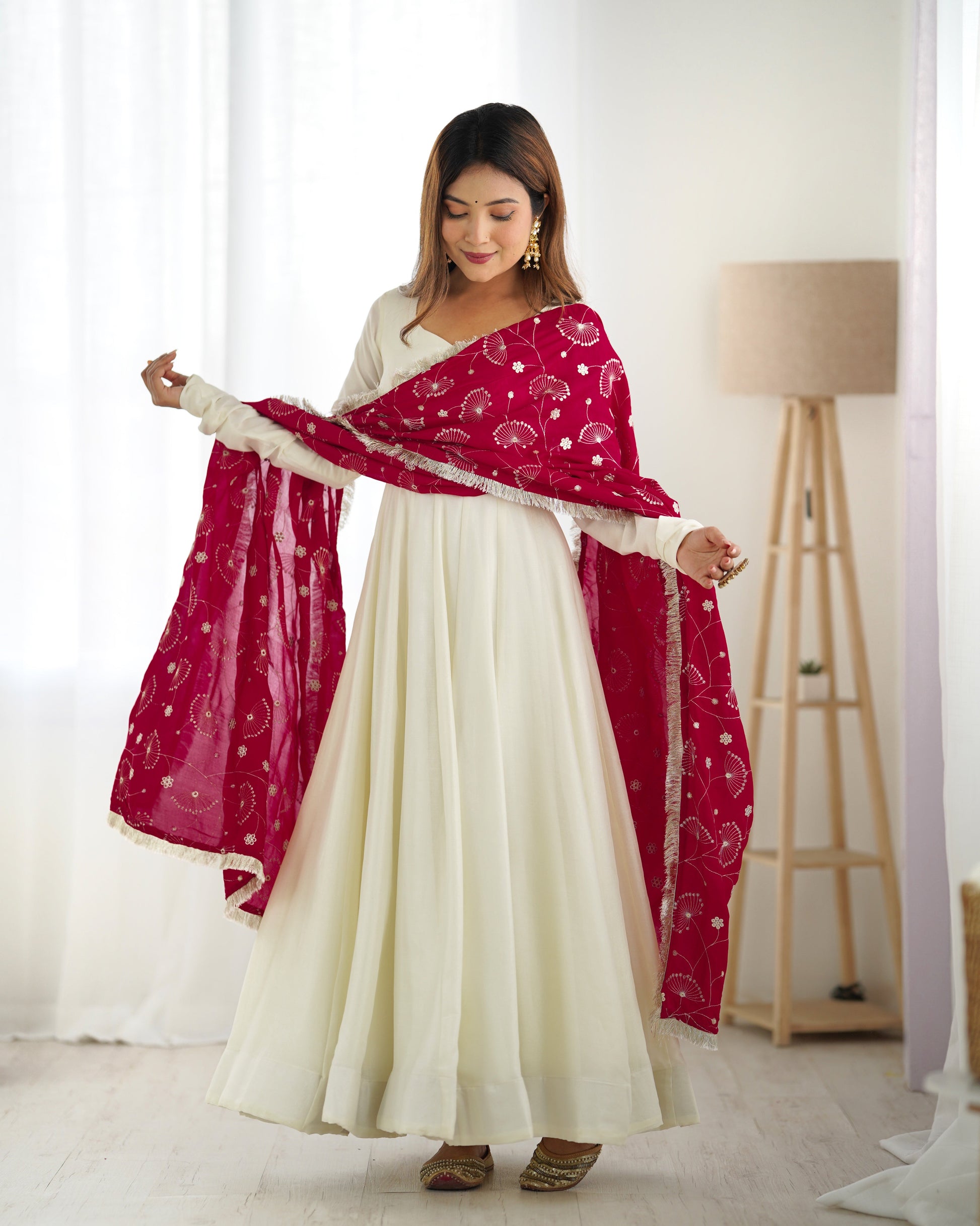 WHITE VICHITRA SILK ANARKALI SUIT WITH RANI PINK HEAVY DUPATTA