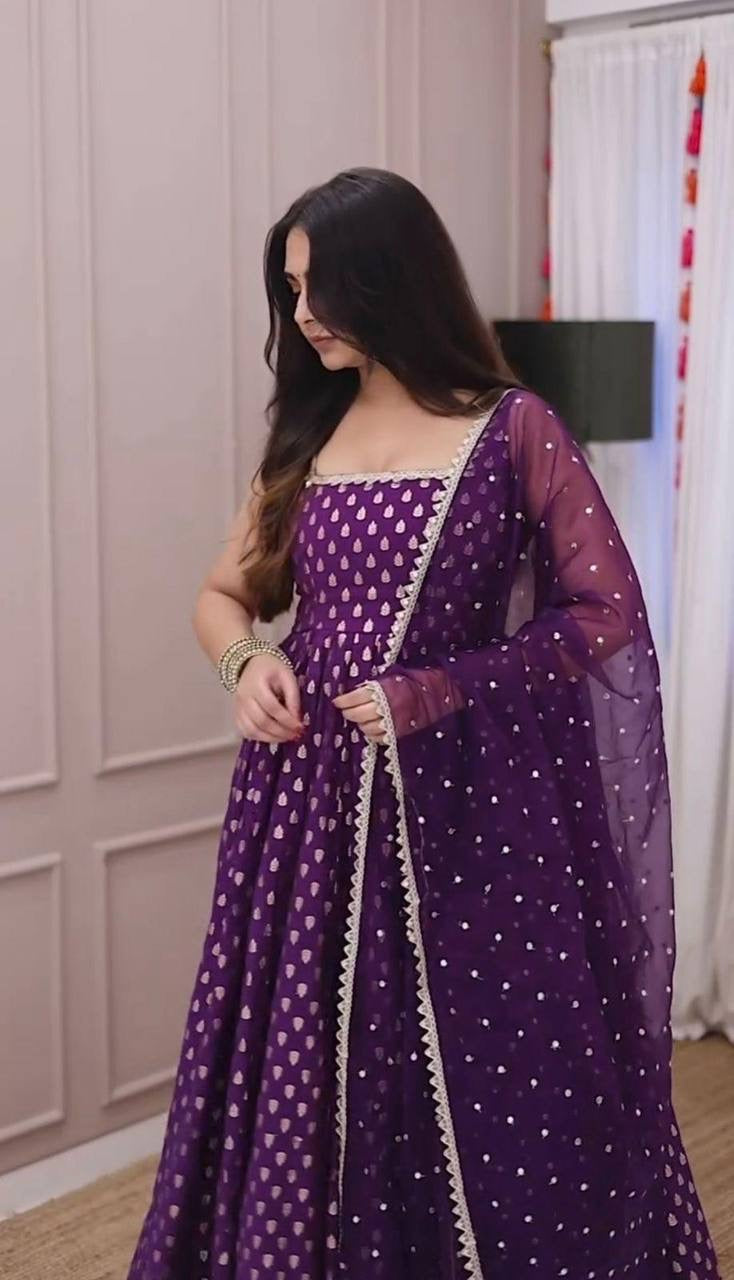 SHARMIN PANJAWANI PURPLE JACQUARD ANARKALI GOWN