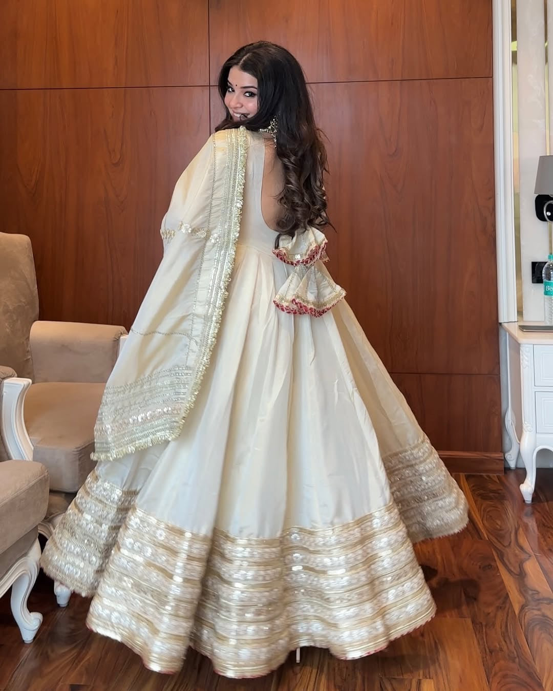 NEHA BHANDARI ELEGANT WHITE CHINON ANARKALI SUIT SET