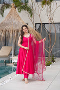 RANI PINK COLOR CHANDERI PURE ROMAN SILK ANARKALI SUIT