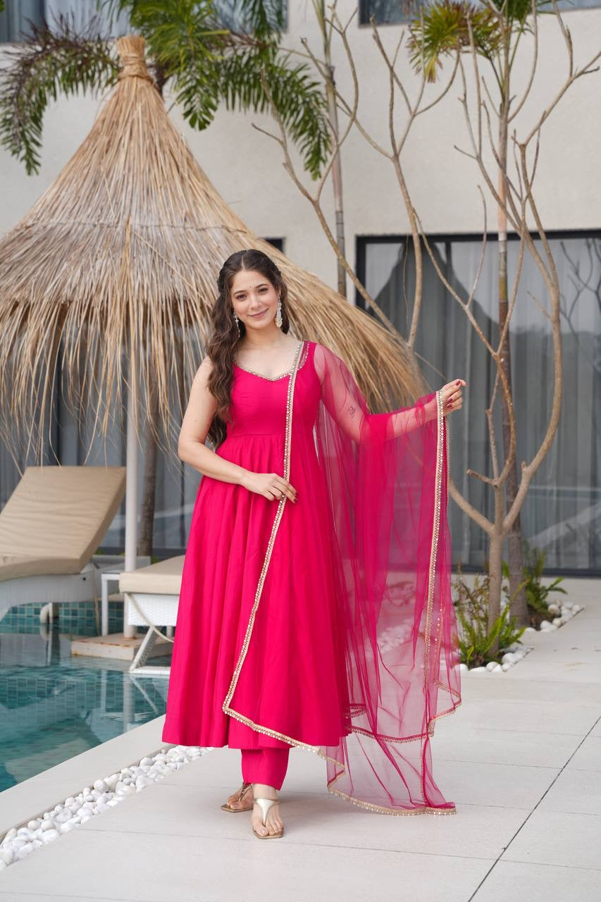 RANI PINK COLOR CHANDERI PURE ROMAN SILK ANARKALI SUIT