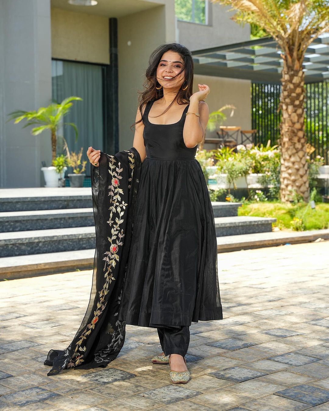 GLORIOUS BLACK COLOR GEORGETTE BASE DESIGNER LOOK ANARKALI SUIT WITH CHURIDAR AND EMBROIDERY WORK DUPPATA SET OF 3