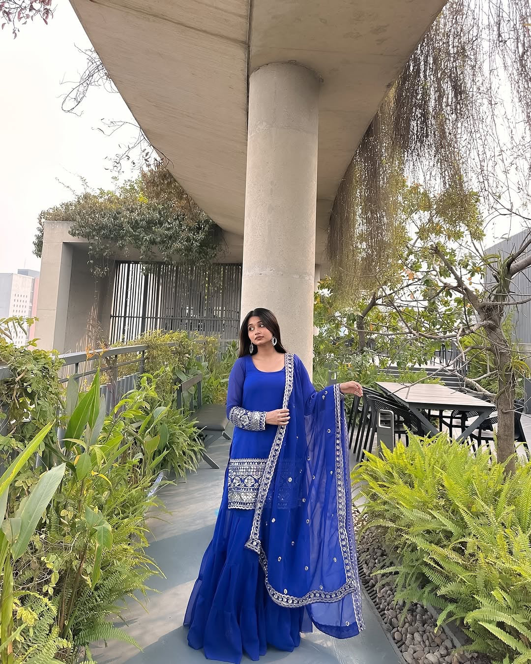 BLUE COLOR GEORGETTE BASE EMBROIDERED WORK SHARARA SUIT SET OF 3