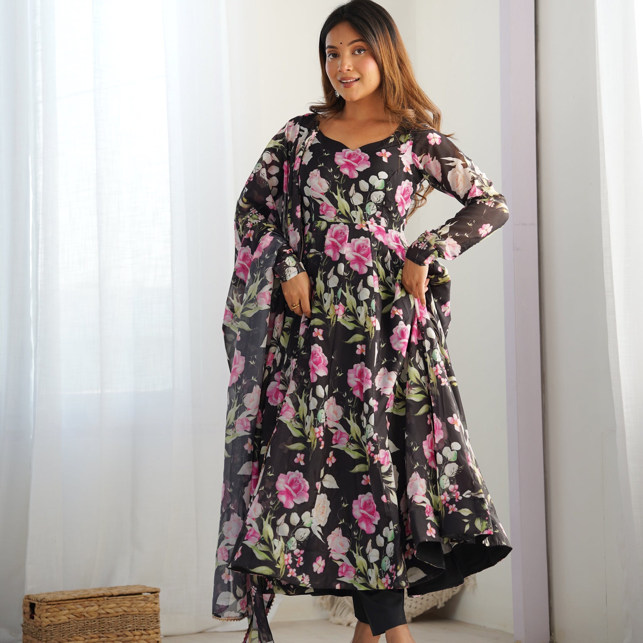 BLACK COLOR PURE SOFT ORGANZA ANARKALI SUIT SET OF 3