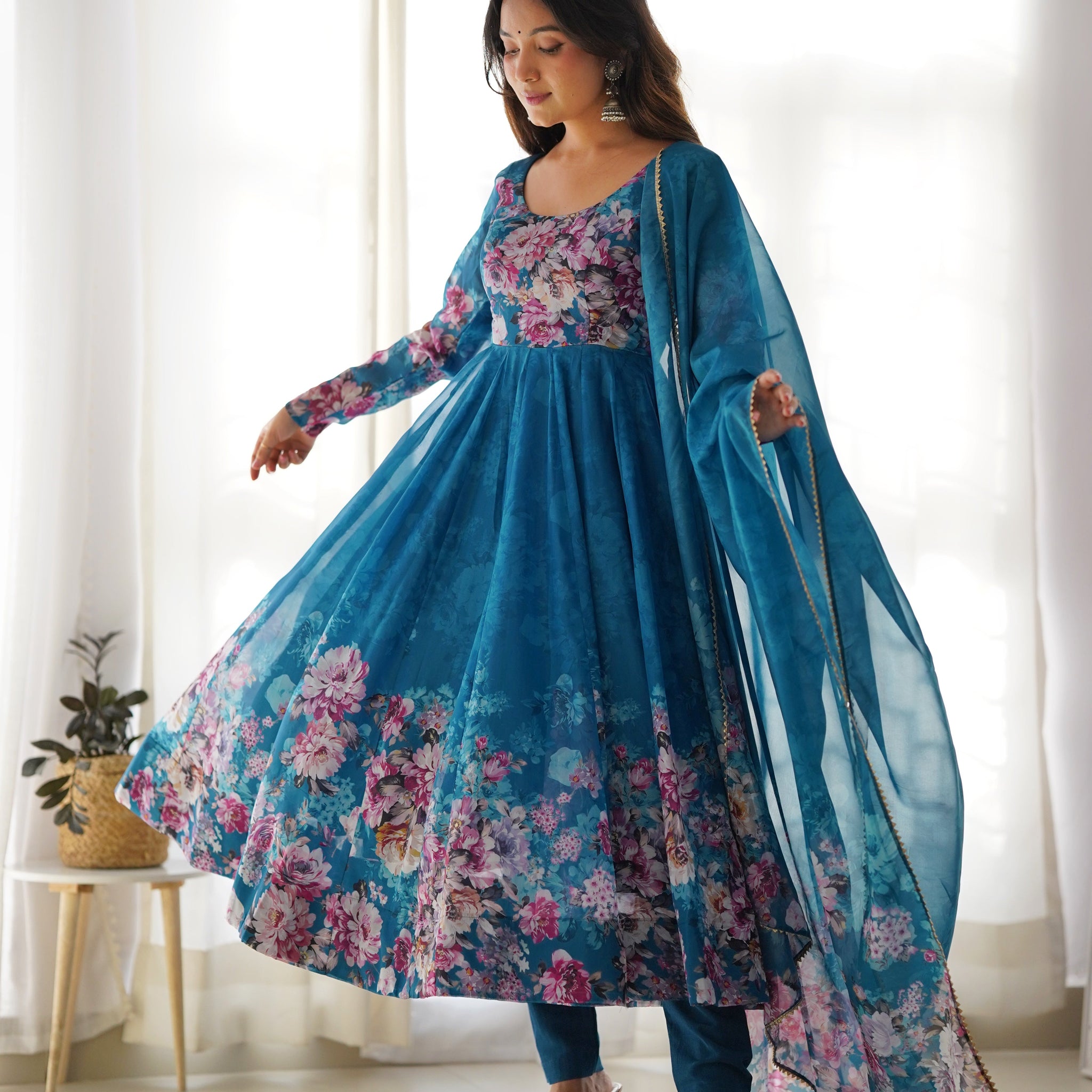 LUXURIOUS TURKISH FLORAL PRINTED ORGANZA ANARKALI SUIT SET WITH DUPATTA