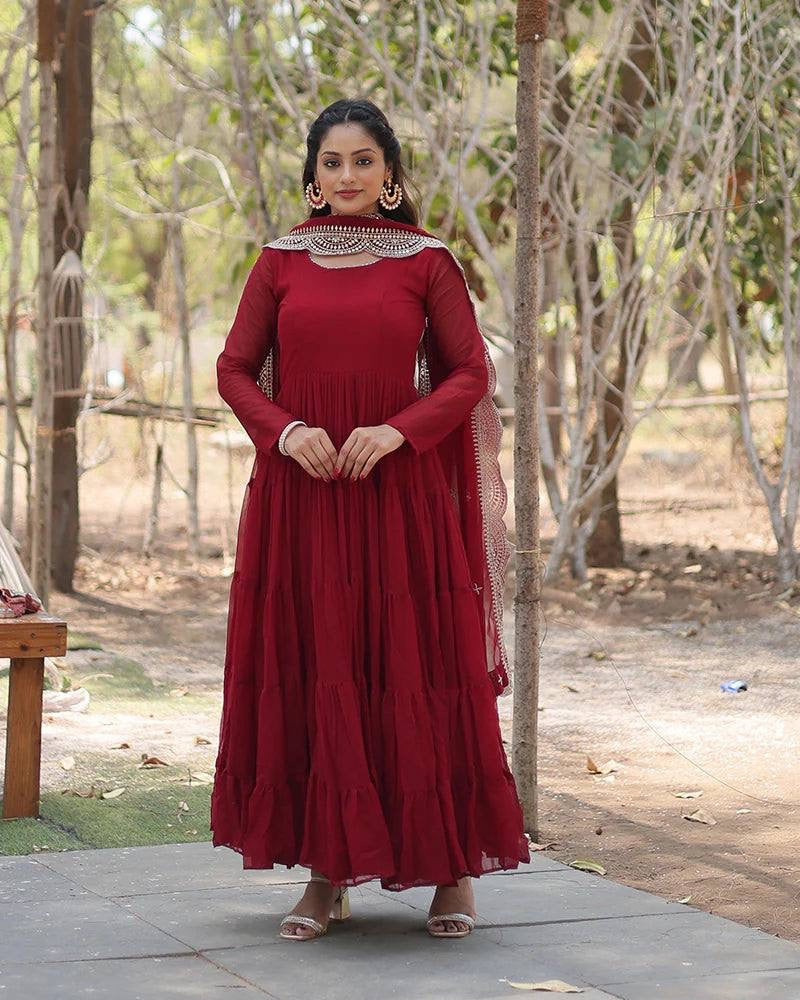 MAROON COLOR DESIGNER EMBROIDERED GOWN WITH DUPATTA