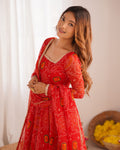 FLORAL RED COLOR BANDHANI PRINT SOFT CHIFFON THREE PIECE ANARKALI GOWN