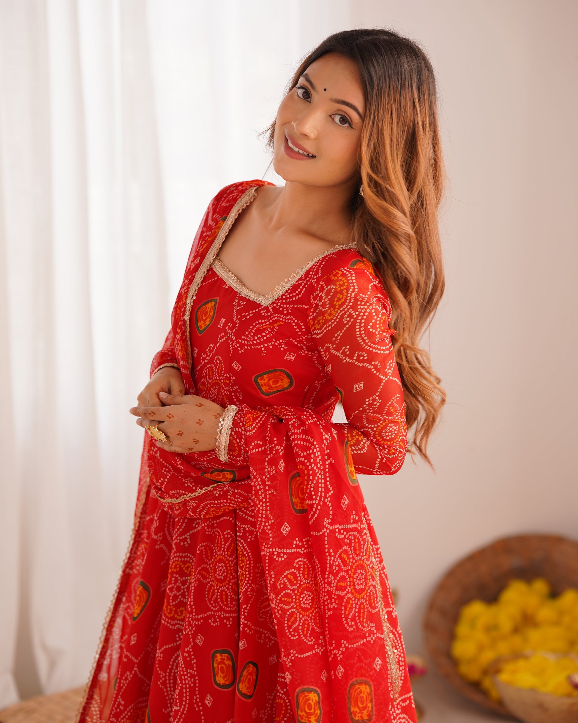 FLORAL RED COLOR BANDHANI PRINT SOFT CHIFFON THREE PIECE ANARKALI GOWN