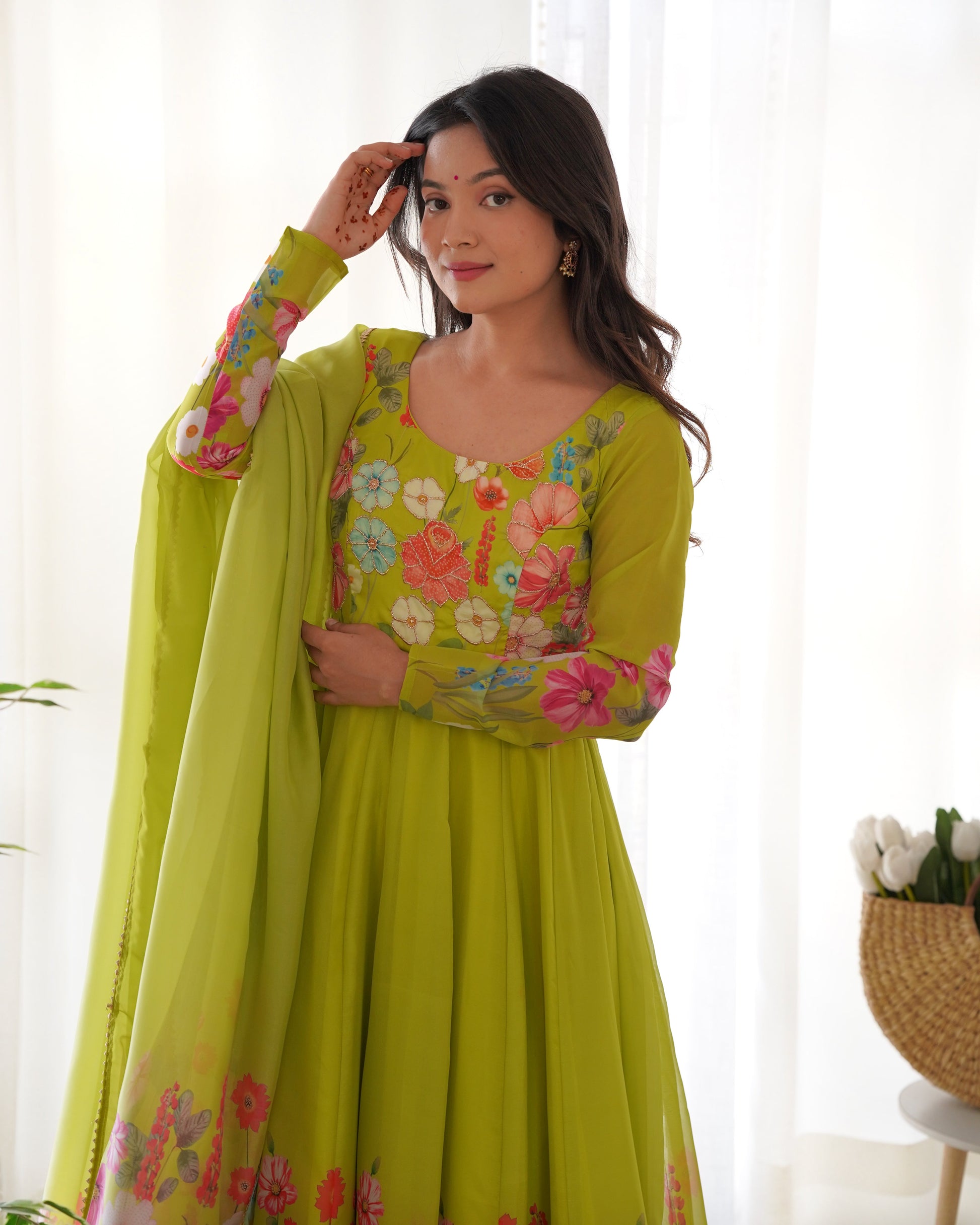 READY-TO-WEAR NEON YELLOW FLORAL ANARKALI WITH HANDWORK & DUPATTA