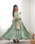 PISTACHIO GREEN ROMAN SILK FOUR-LAYER ANARKALI GOWN SET