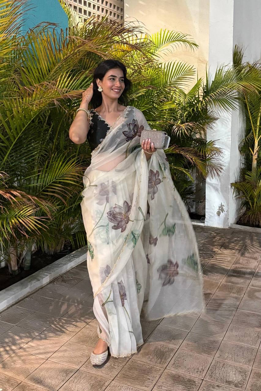 KAMAL SMOKE WHITE ORGANZA SILK SAREE