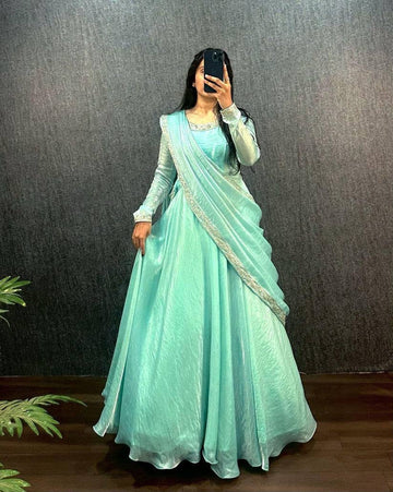 SKY BLUE CLOLOR HEAVY FANDY SILK WITH EMBROIDERY SEQUENCE WORK